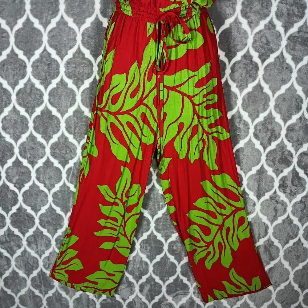 Hula Bay Jumpsuit Womens Medium Red Green Strapless Wide Leg Tropical Leaf Tiki - Picture 5 of 16